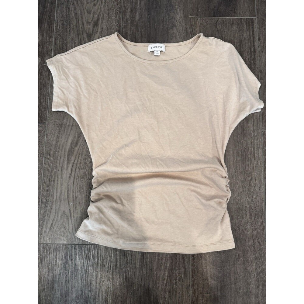 EVEREVE Womens XS Ruched Side Top Taupe Beige Lyocell Cotton Short Sleeve